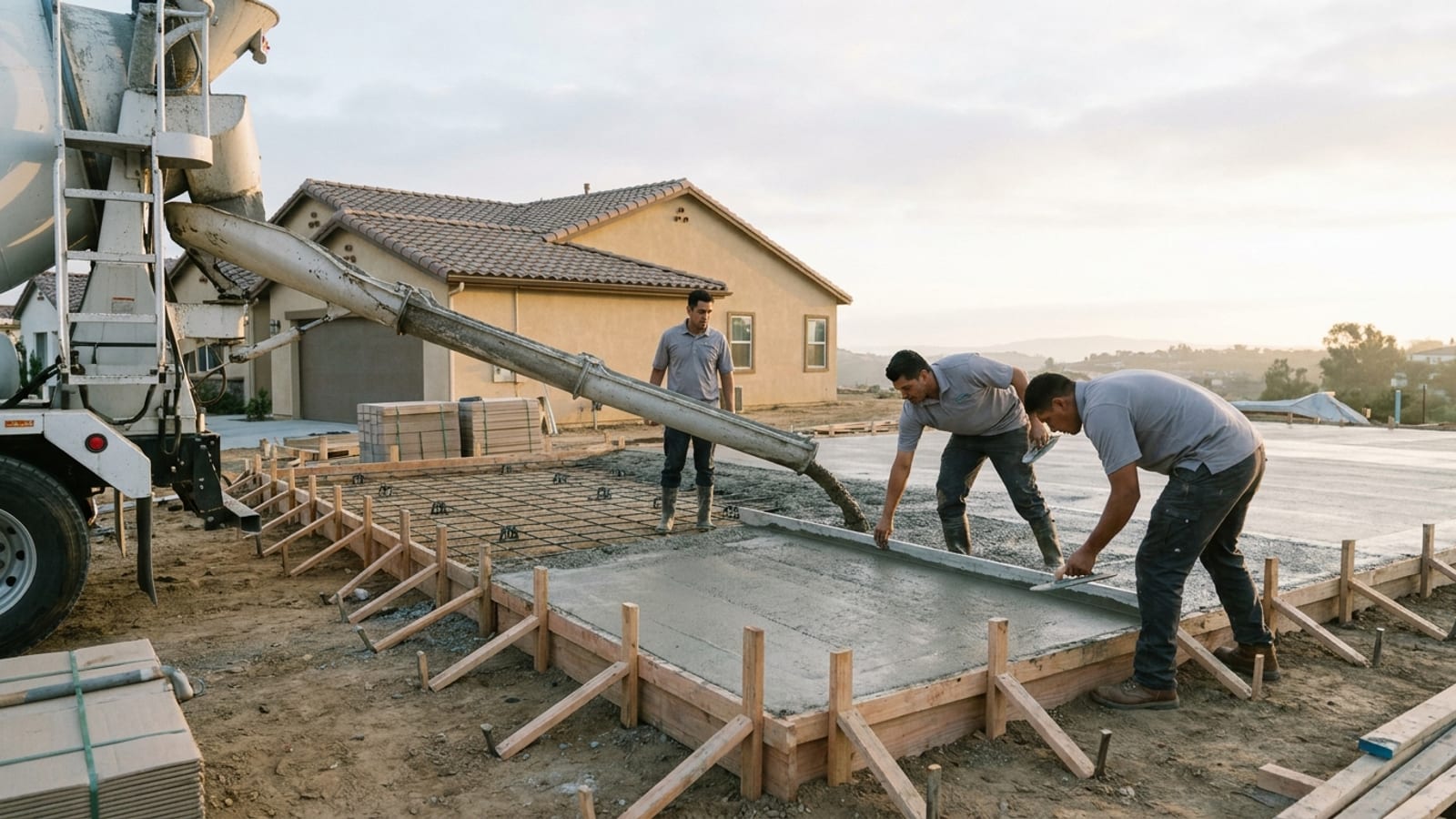 Early-morning concrete pour at a San Diego home in soft light