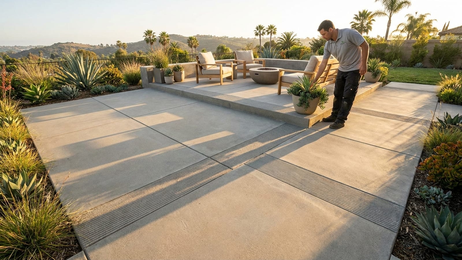Stylish modern concrete patio with seating in a San Diego backyard