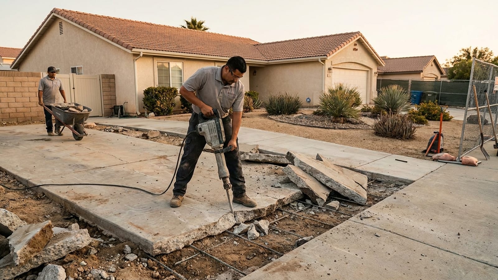 Demolition of an old concrete driveway with broken slab sections at a San Diego home