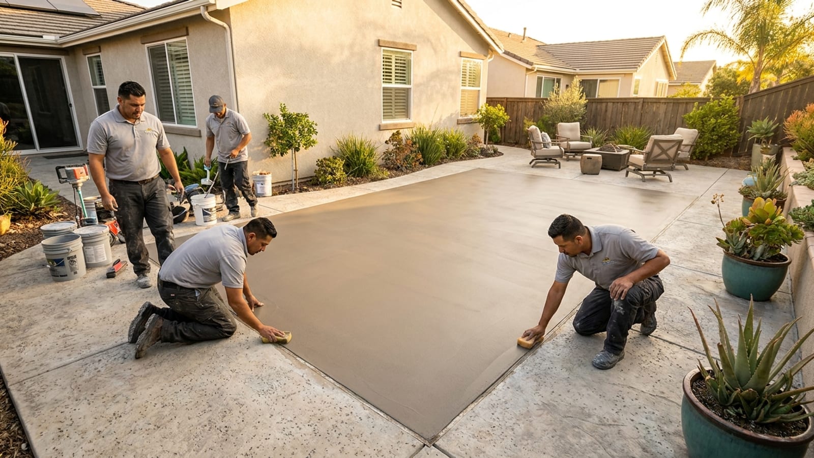 A resurfaced concrete patio with a fresh decorative overlay finish
