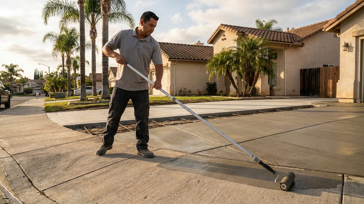 Contractor rolling sealer onto a concrete surface