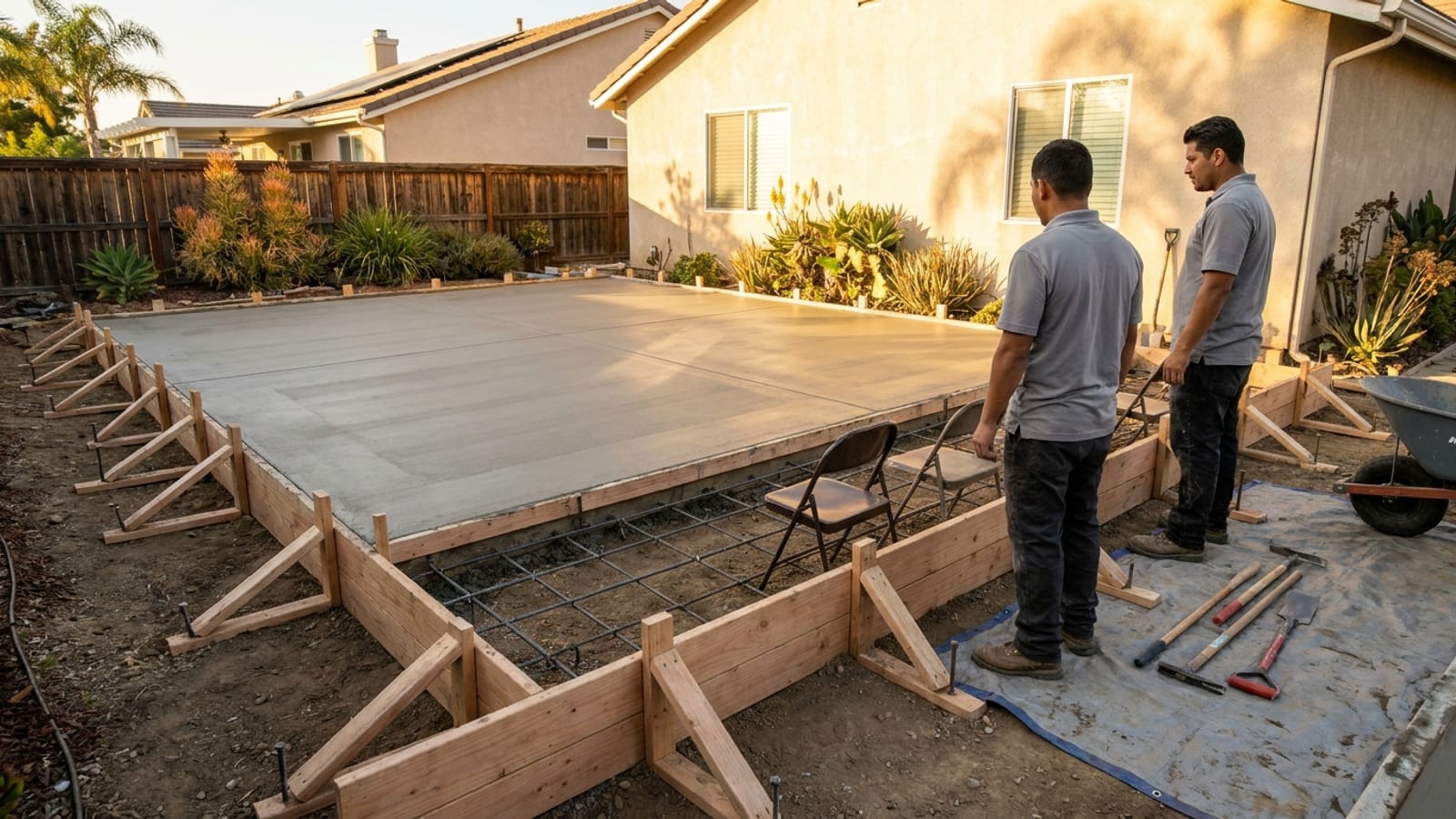 Freshly finished concrete slab in a San Diego backyard with crisp formed edges