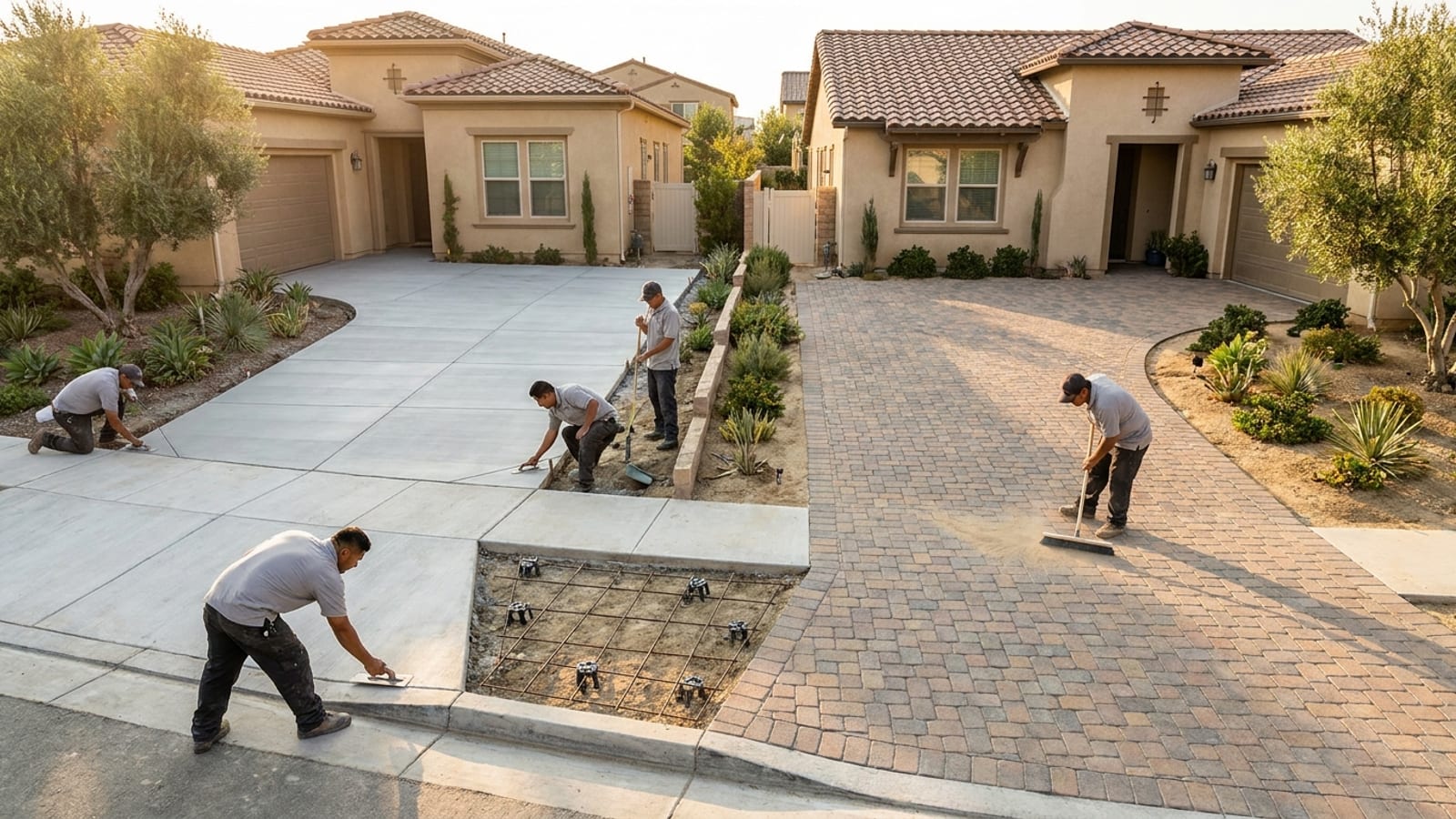 A poured concrete driveway and a paver driveway side by side at San Diego homes