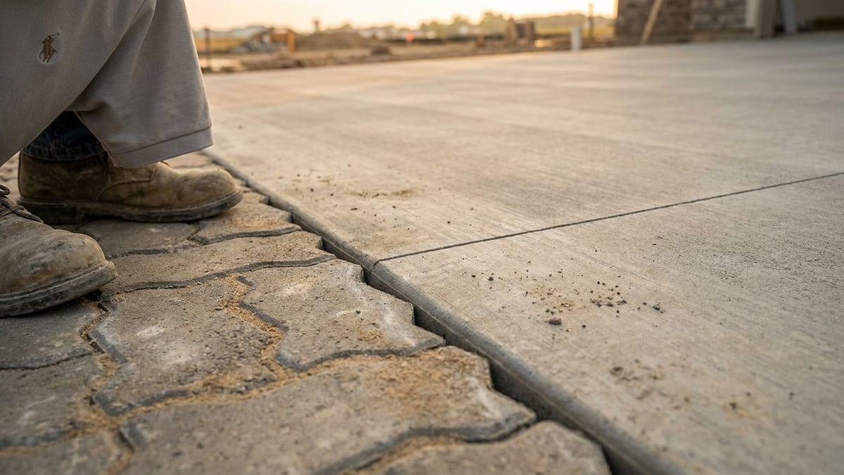 Close detail of paver joints next to a monolithic concrete slab edge