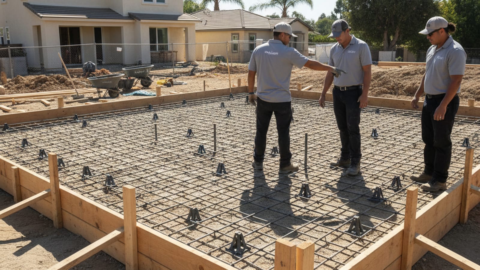 Concrete foundation pour with rebar grid and forms at a San Diego ADU site