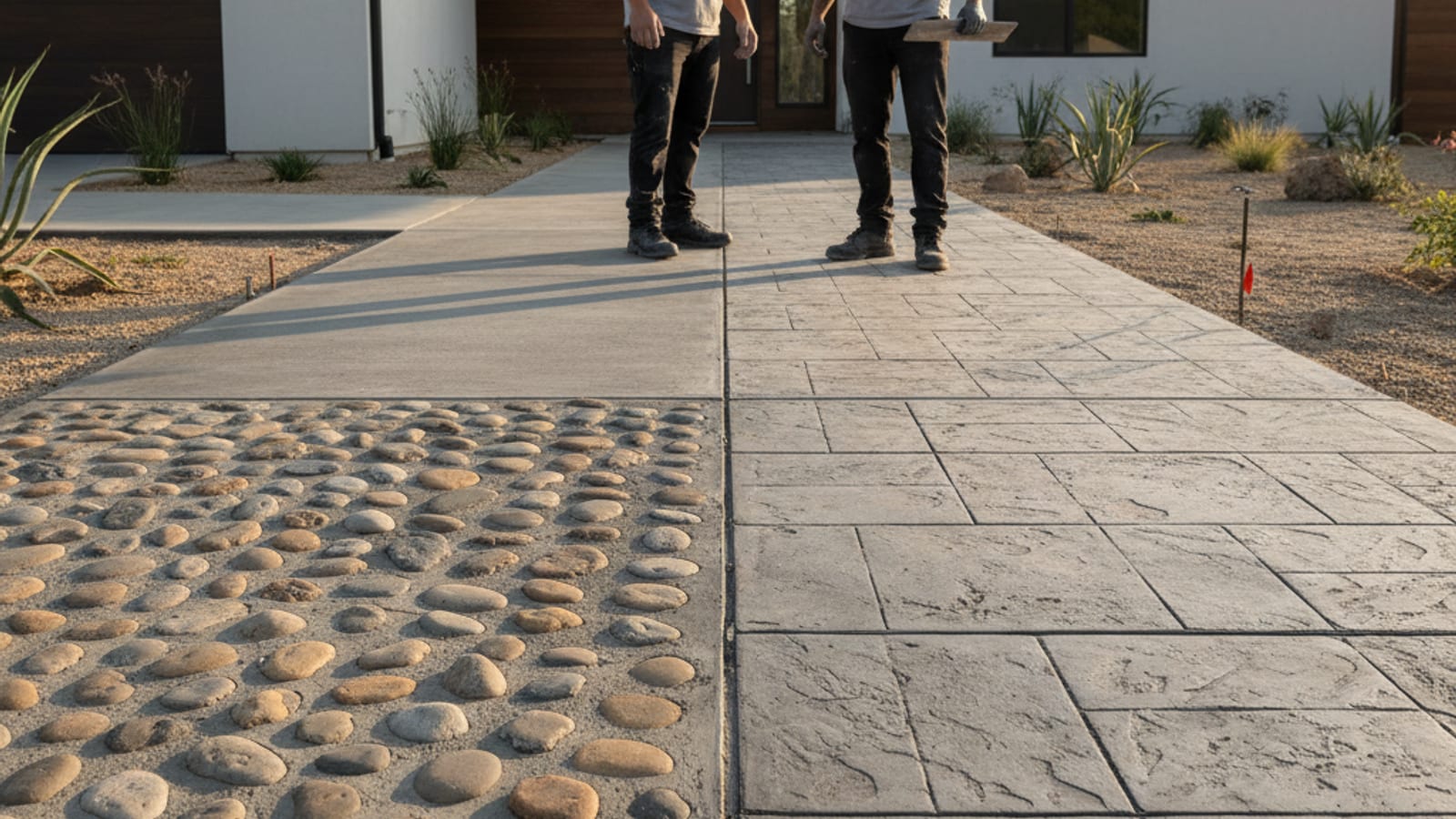 Side-by-side comparison of exposed aggregate and stamped concrete finishes in San Diego