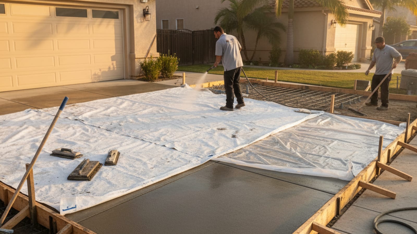 Freshly poured concrete driveway being protected during cure with a curing blanket