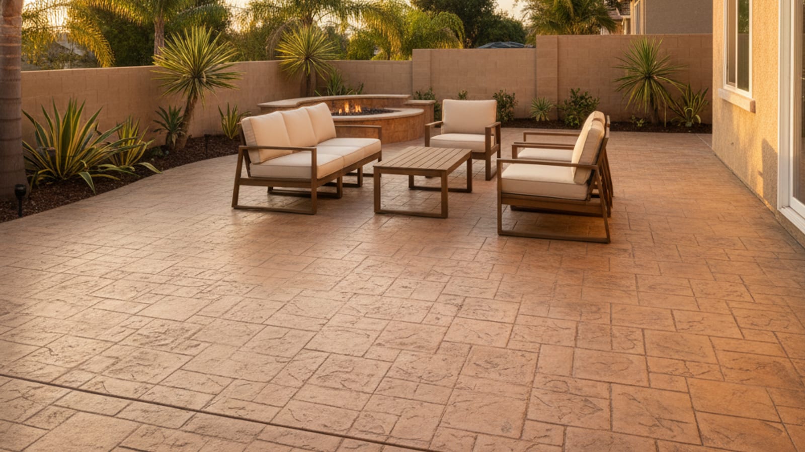 Stamped concrete patio with slate pattern in a San Diego backyard