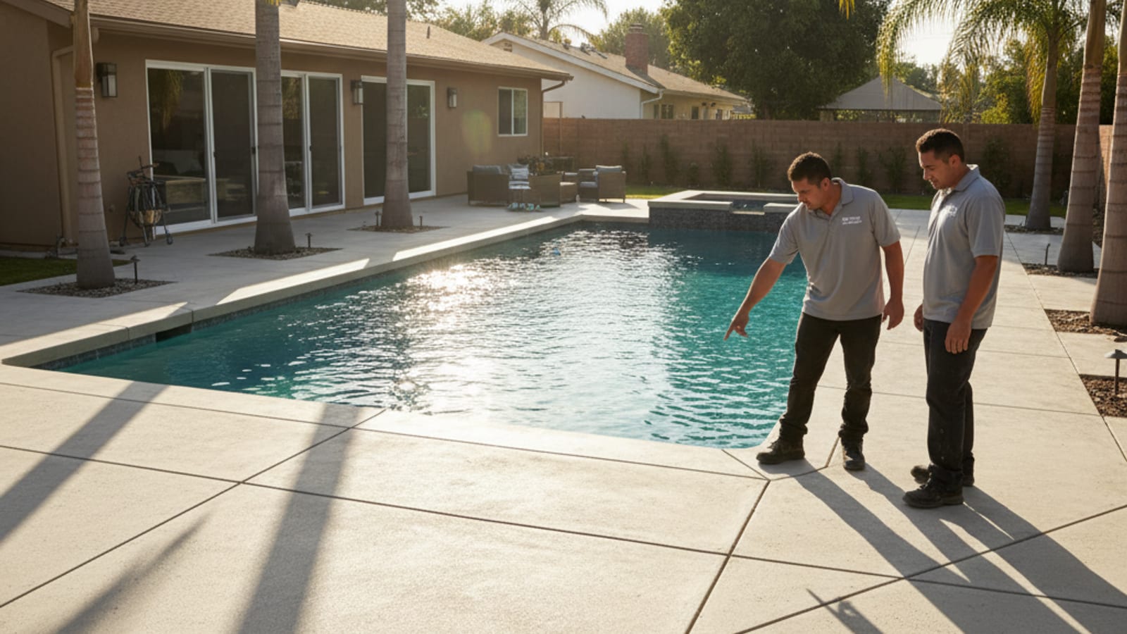 Concrete pool deck with cool-deck coating around a residential pool in San Diego