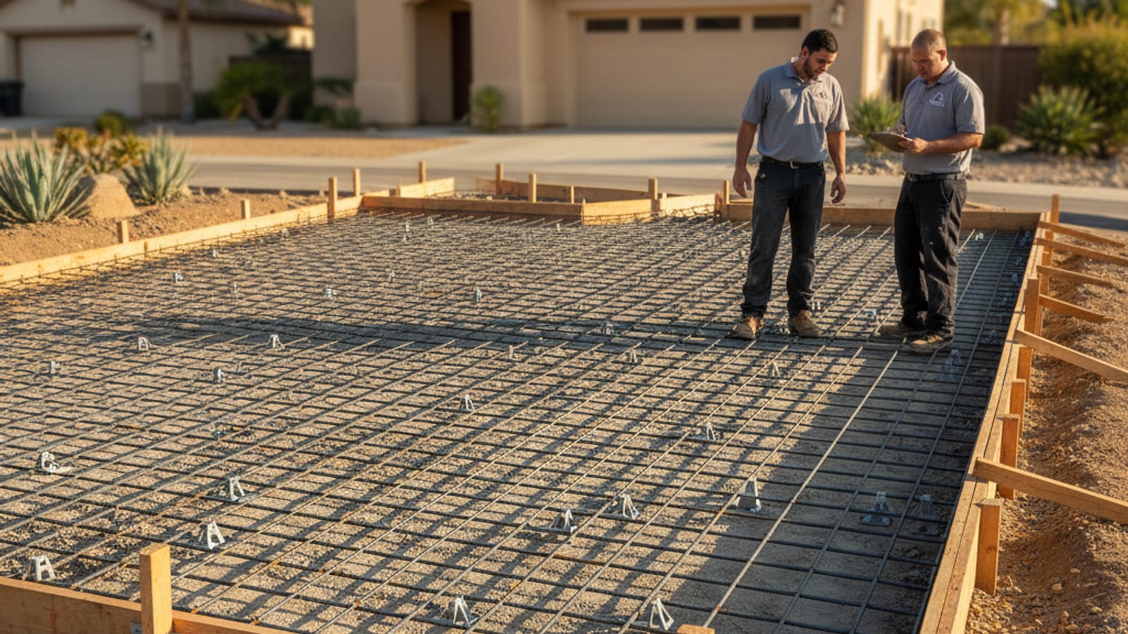 Rebar grid tied with chairs inside a formed driveway ready for concrete pour in San Diego
