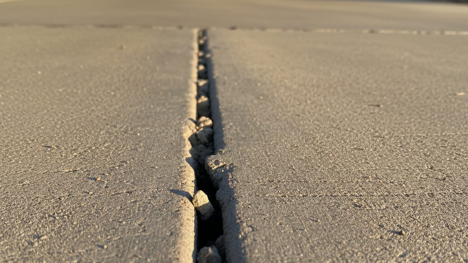 Close-up of a settlement crack in a residential concrete driveway