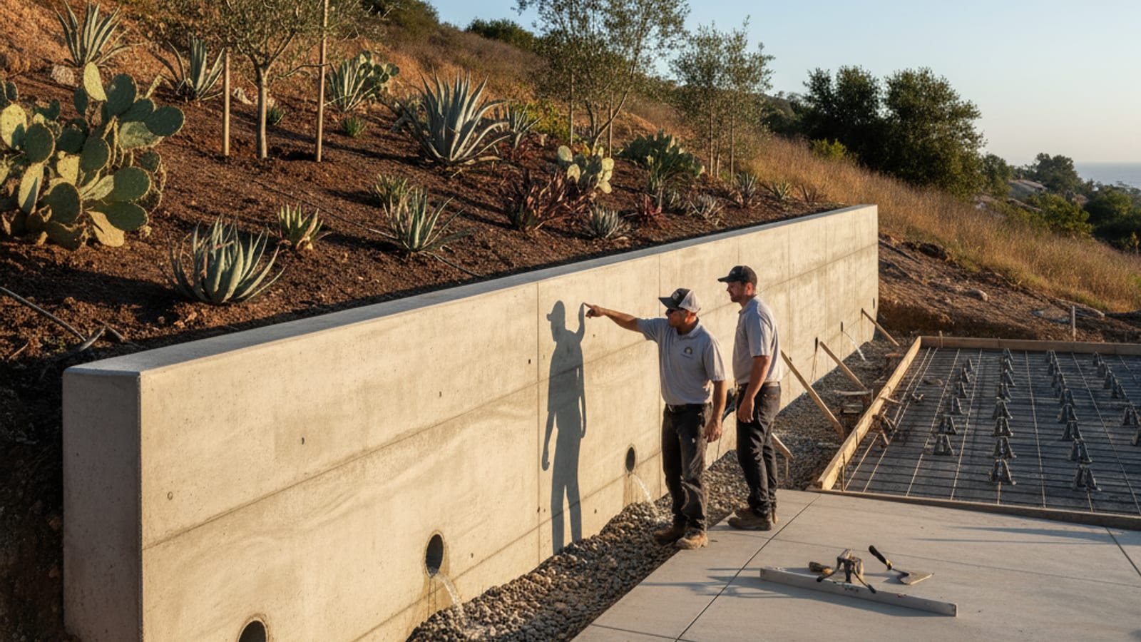 Engineered concrete retaining wall on a San Diego hillside lot with weep holes visible