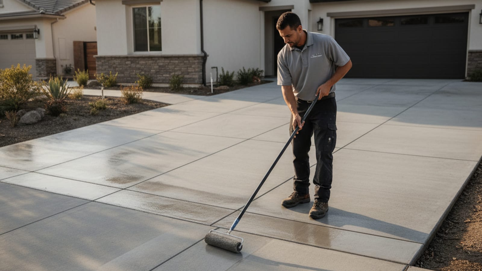 Penetrating concrete sealer being applied with a roller to a driveway in San Diego