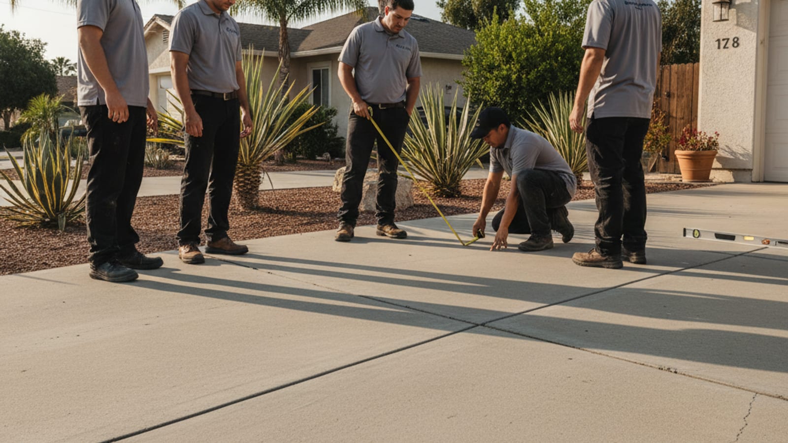 Settled concrete driveway slab with stepping at the joint visible in San Diego