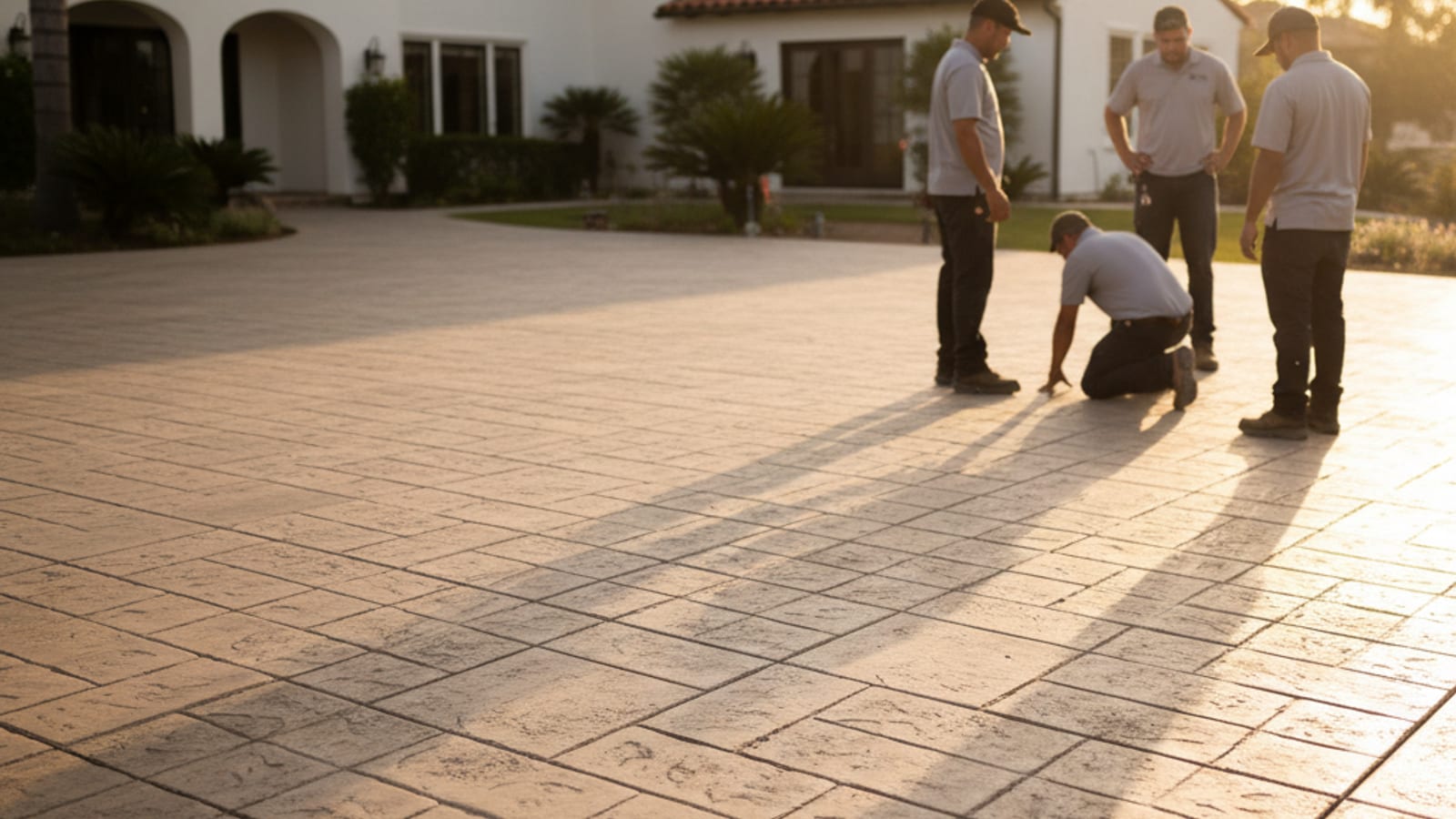 Stamped concrete patio with ashlar slate pattern in warm earth tones at a San Diego home