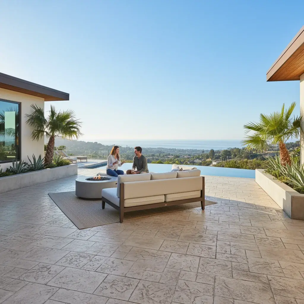 Stamped concrete patio with ashlar slate pattern in warm earth tones at a San Diego home