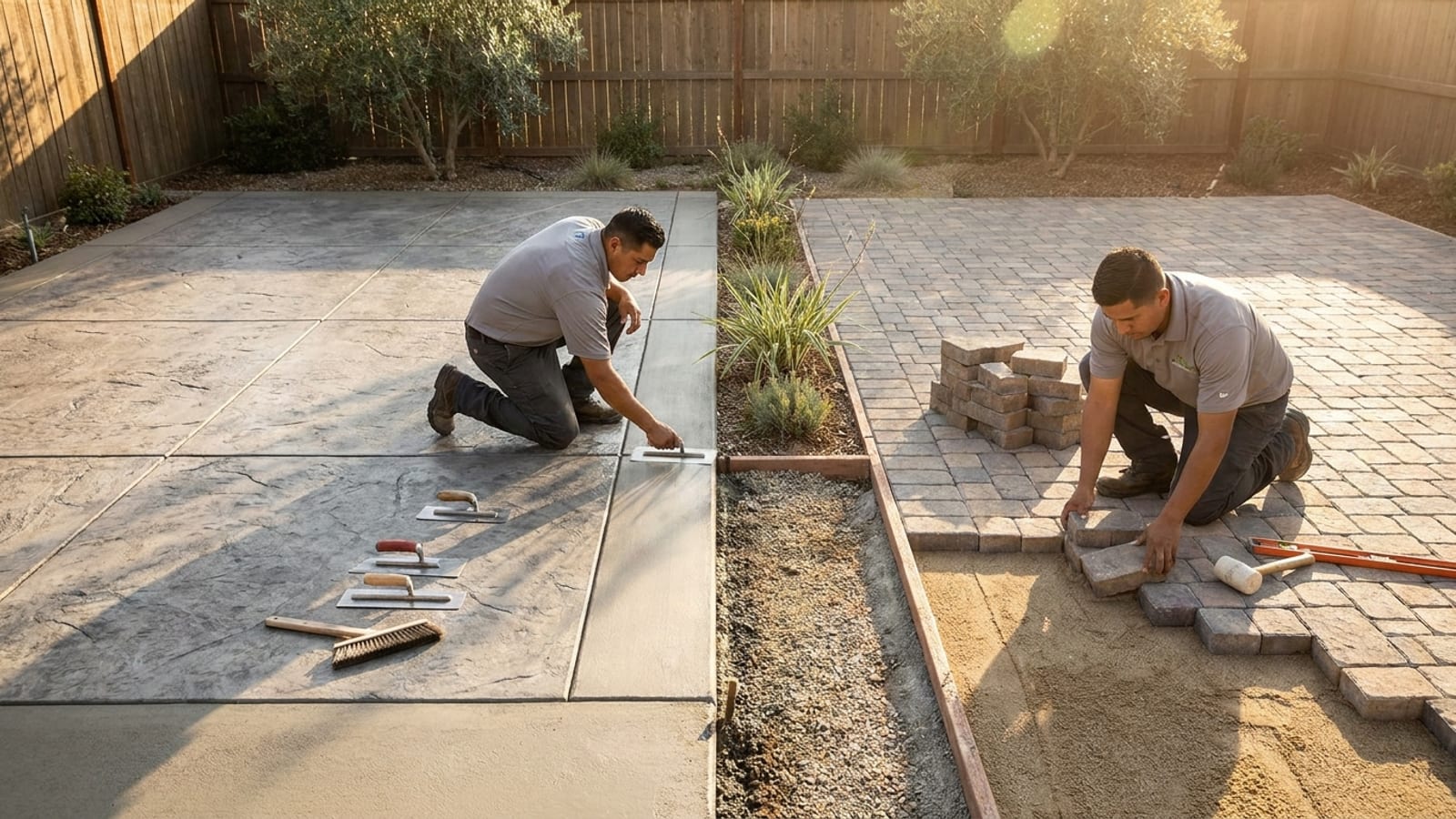 Stamped concrete patio next to a paver patio area in a San Diego backyard