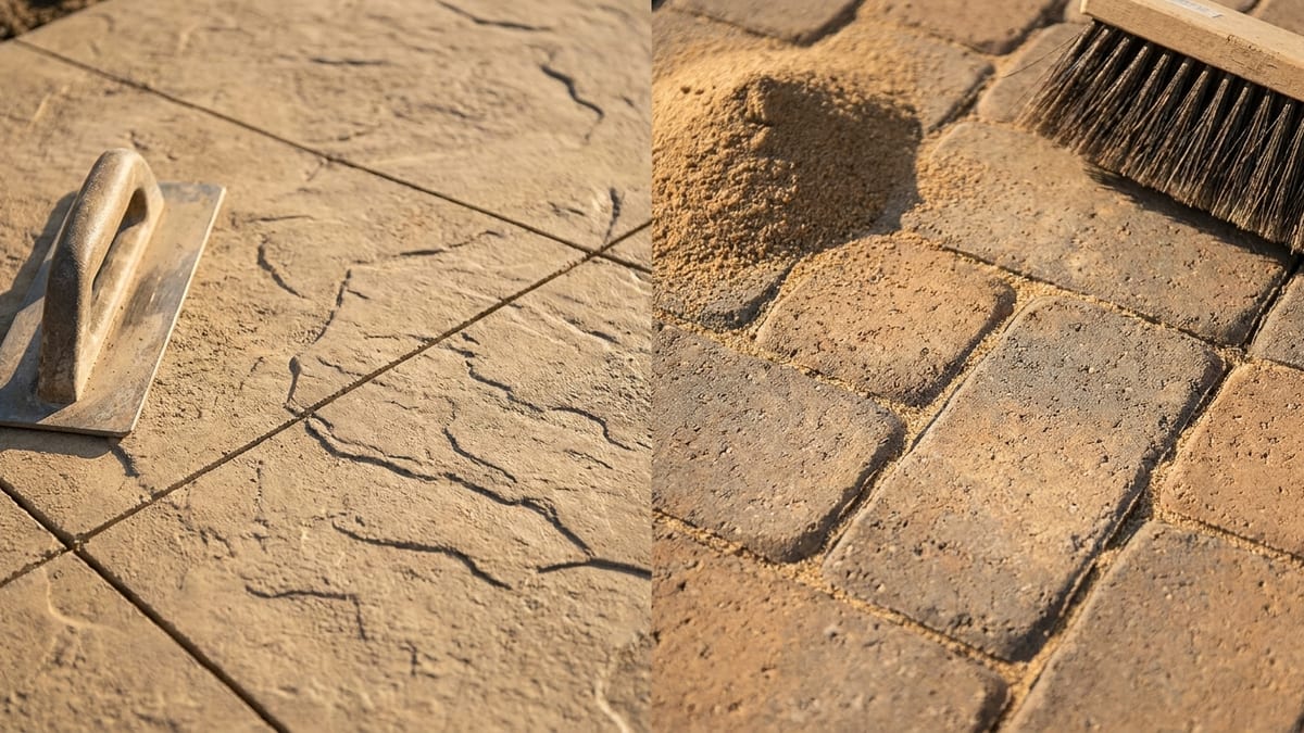 Stamped concrete is one continuous surface. Pavers are hundreds of pieces with joints to maintain. Detail comparing a smooth stamped concrete surface to jointed pavers