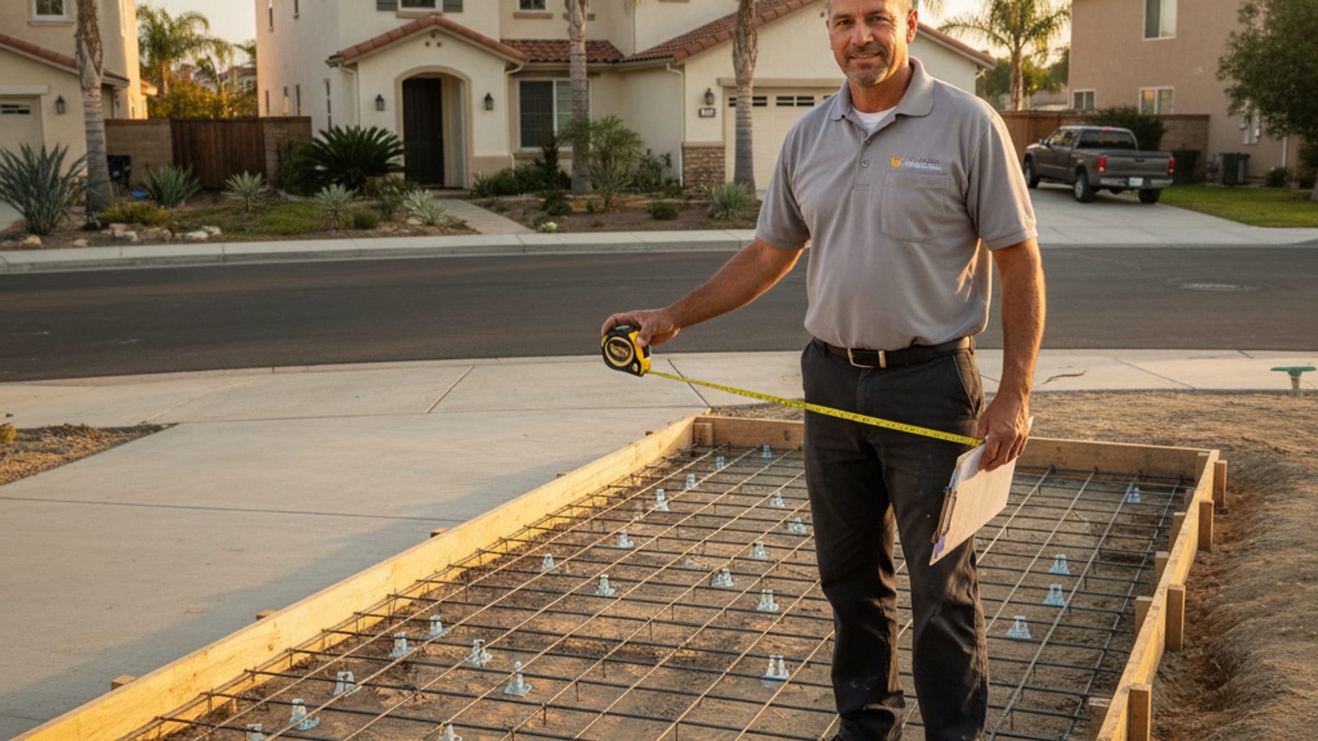 Concrete contractor finishing a freshly poured slab with a fresno trowel at a San Diego home in afternoon light