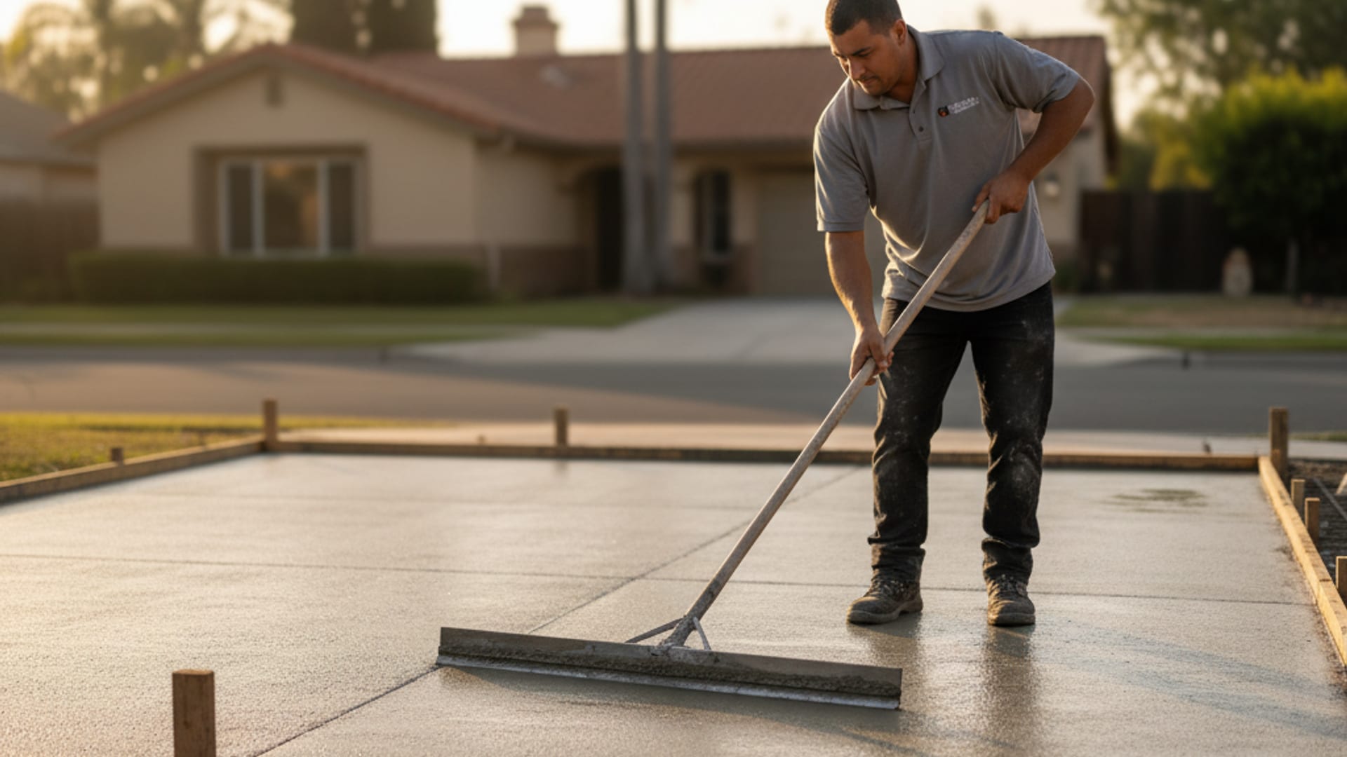 Concrete contractor pouring and finishing a driveway slab at a San Diego home in warm afternoon light
