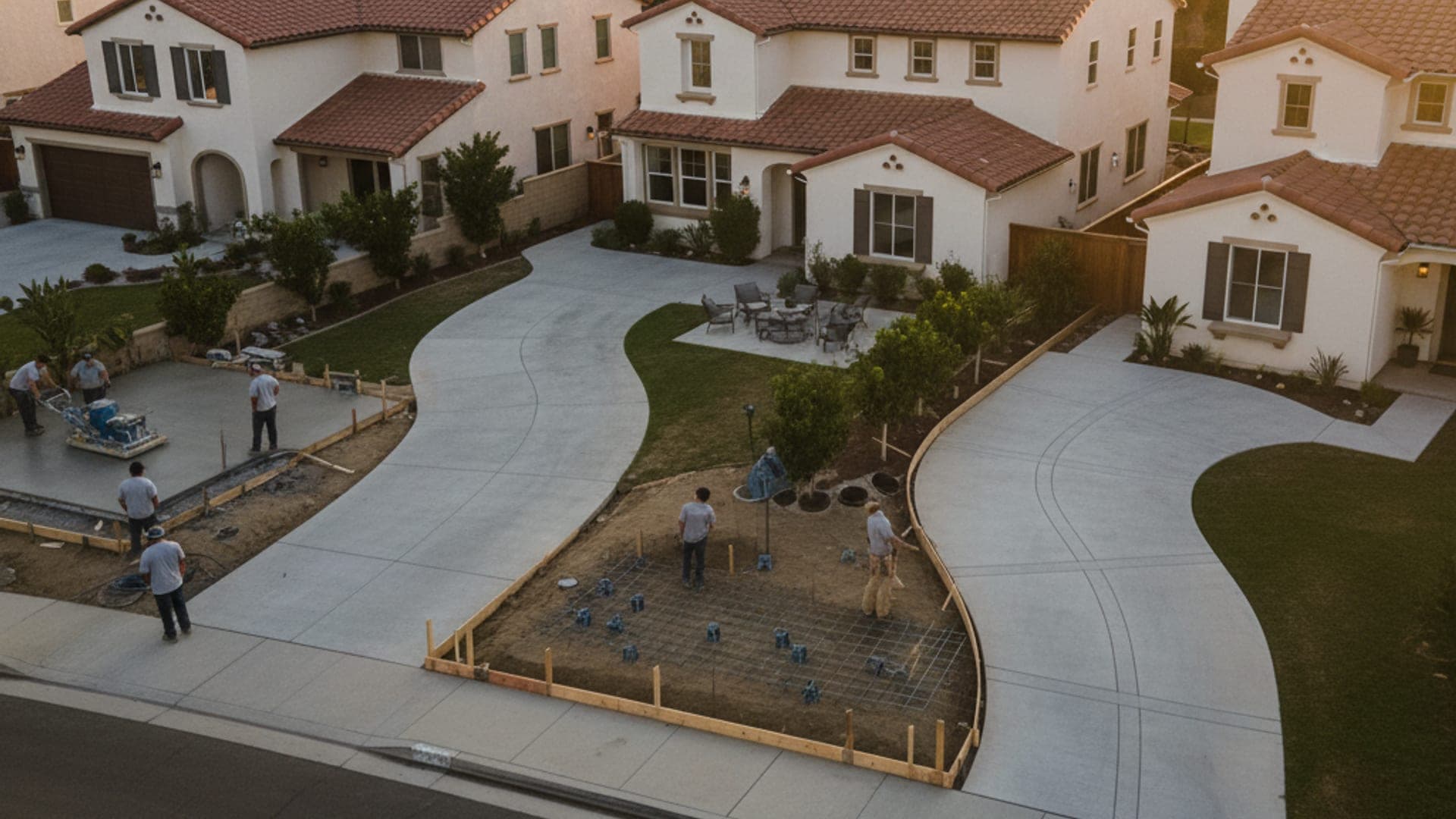 Aerial view of a San Diego County residential neighborhood with concrete driveways and patios at golden hour