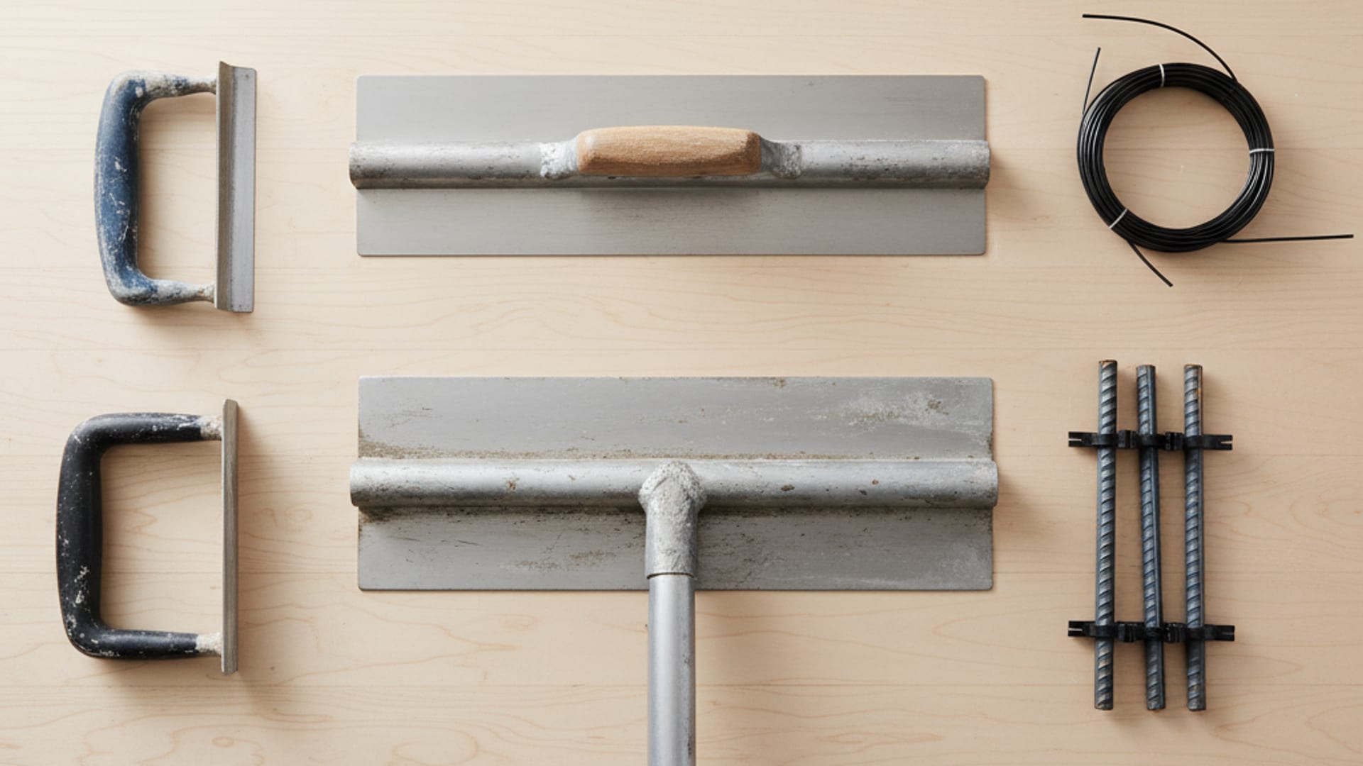 Overhead flat-lay of professional concrete tools including a fresno trowel, edger, groover, and rebar on a clean work surface