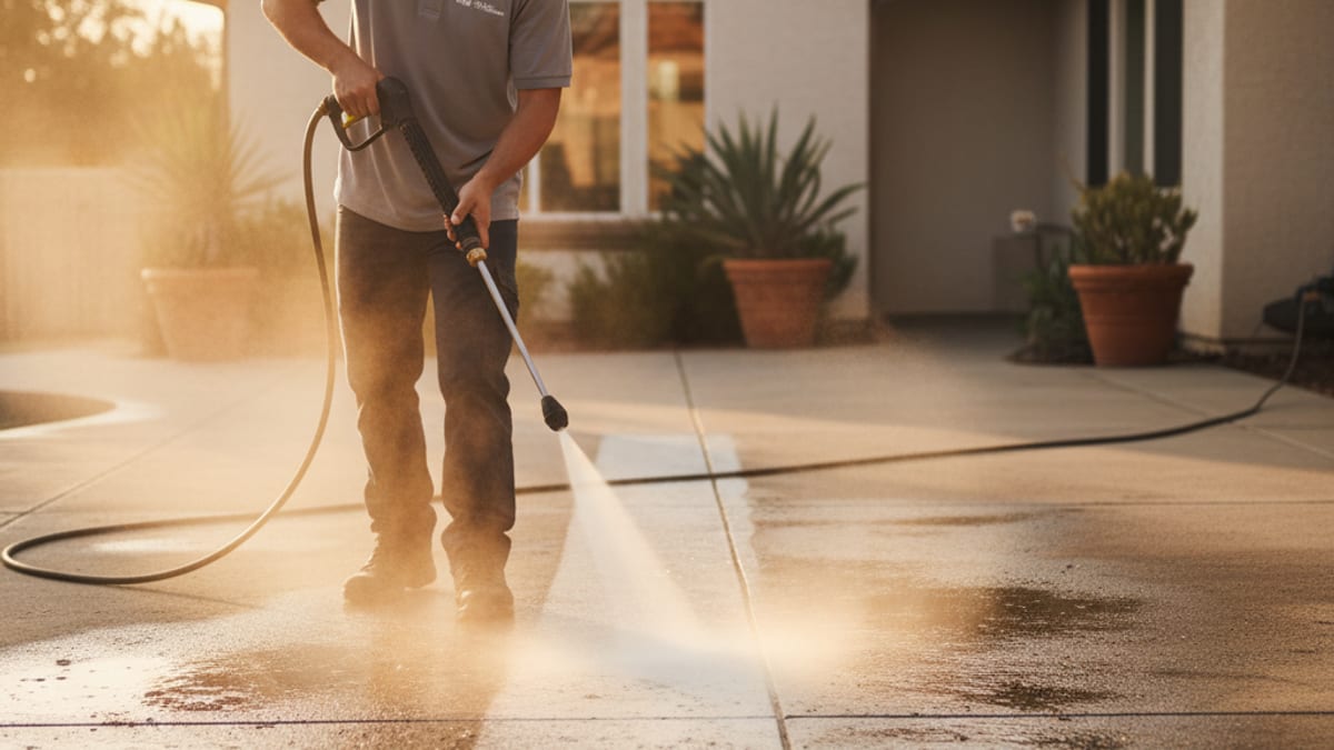 Homeowner pressure-washing oil stains off a concrete patio