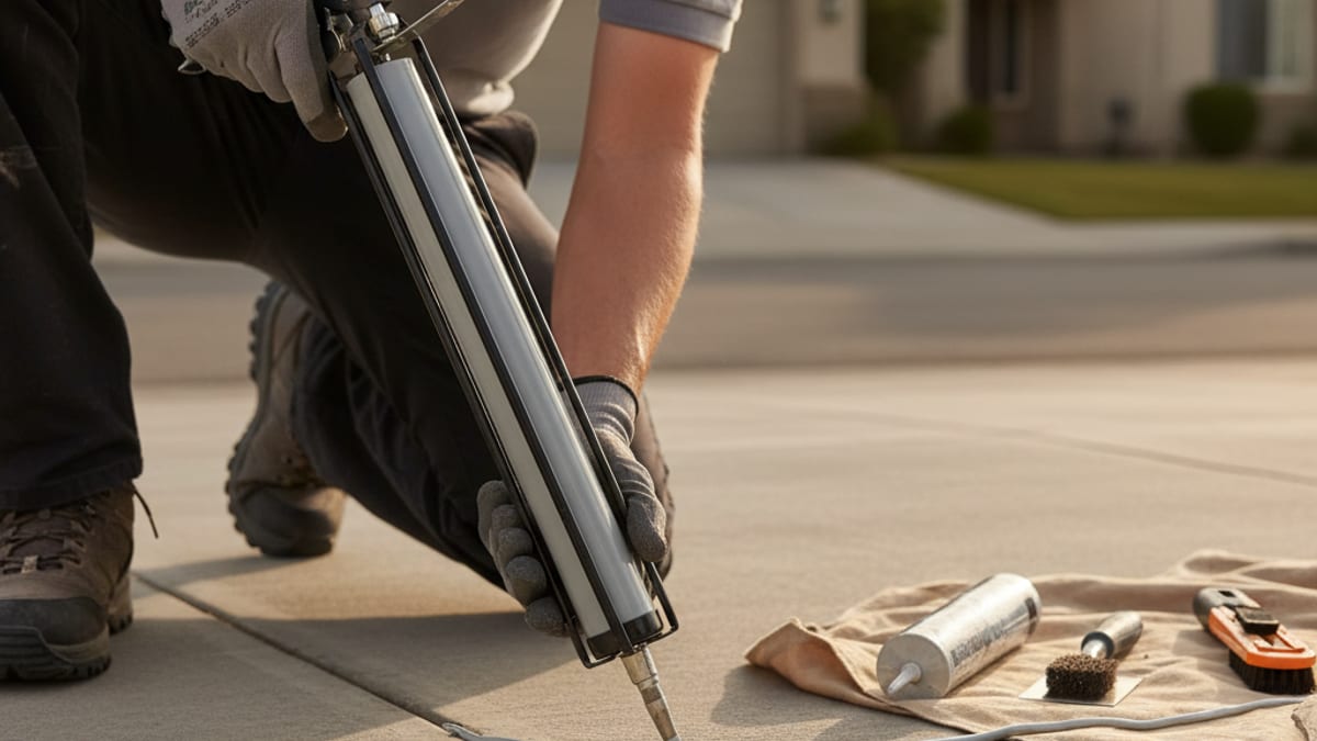 Homeowner filling small concrete cracks with a tube of flexible joint sealant