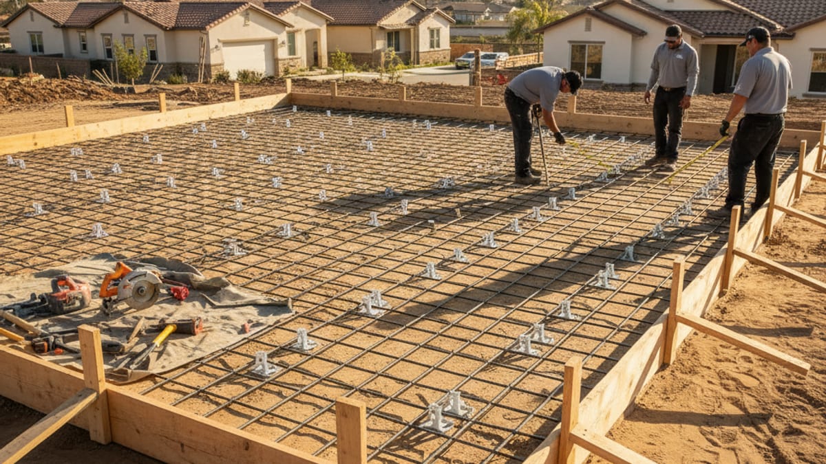 Site prep for a concrete pour with compacted gravel base and tied rebar grid