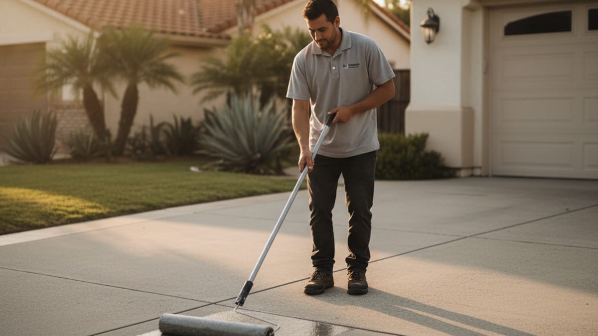 Homeowner applying concrete sealer to a residential driveway with a roller
