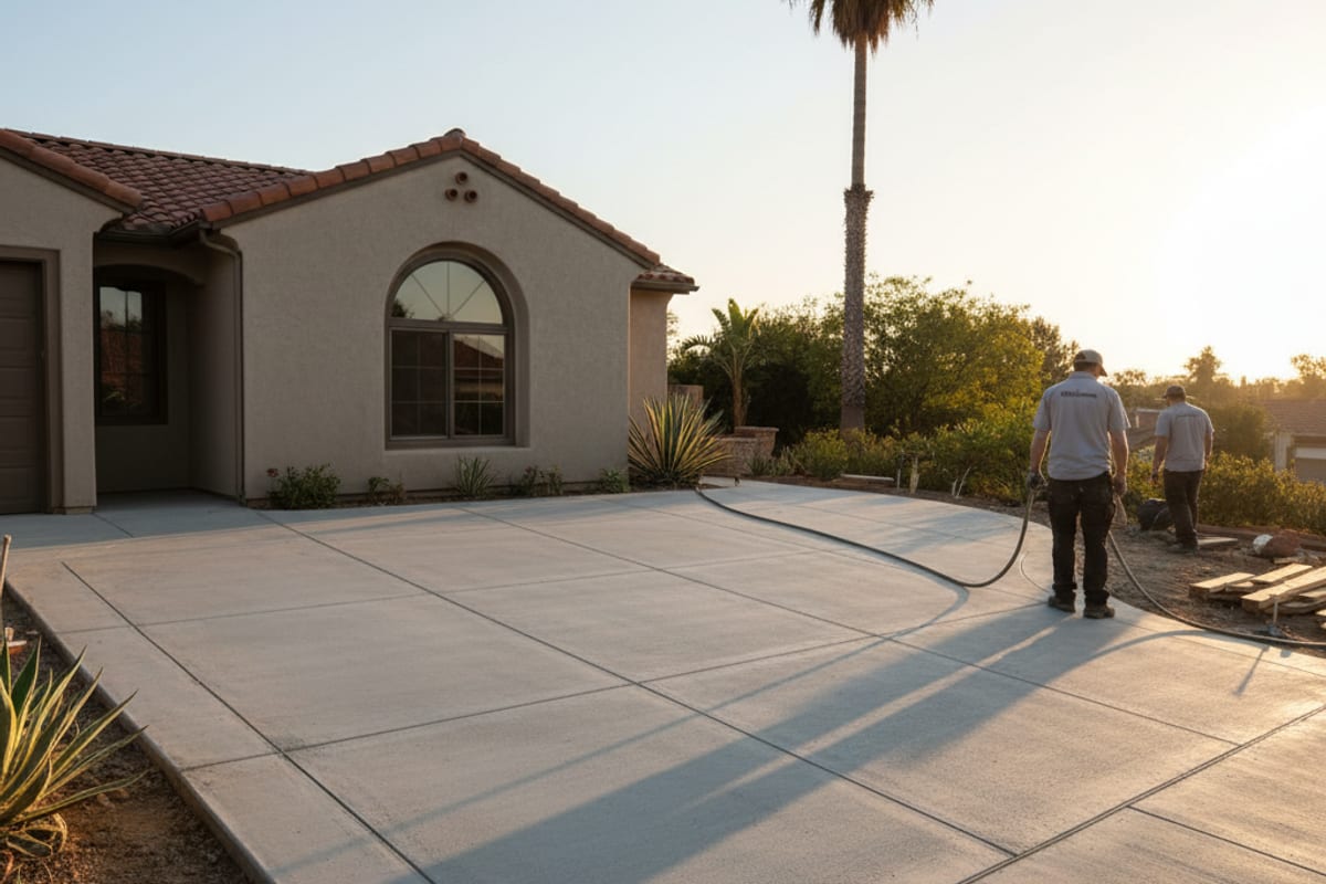 Freshly poured concrete driveway with broom finish at a San Diego home