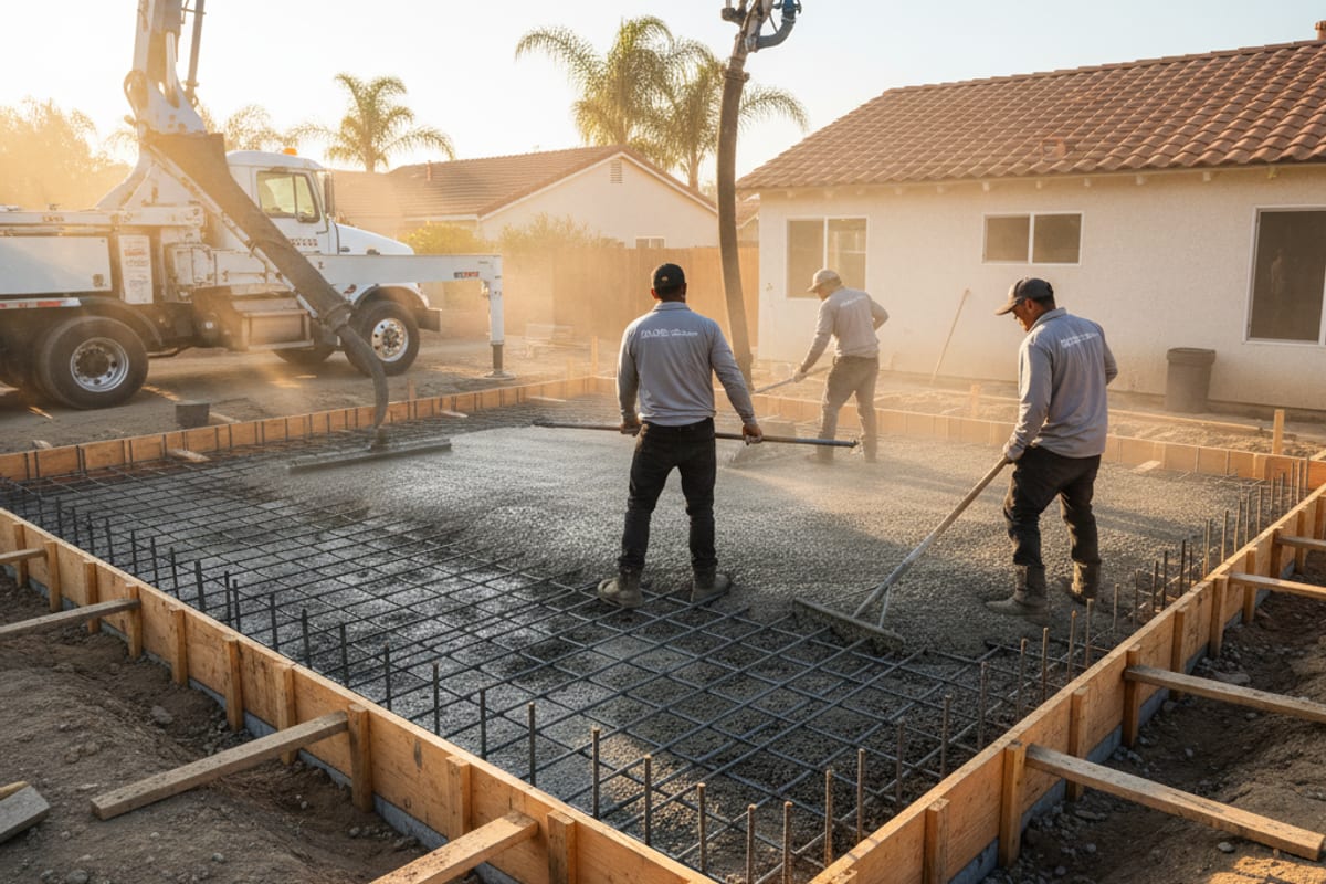 Concrete foundation pour with rebar grid and forms at a San Diego construction site