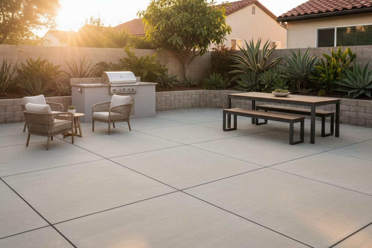 Concrete patio with broom finish and outdoor furniture in a San Diego backyard
