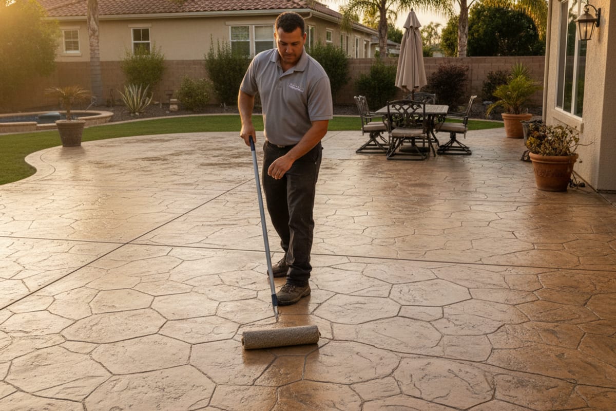 Concrete sealing application on a stamped patio in San Diego