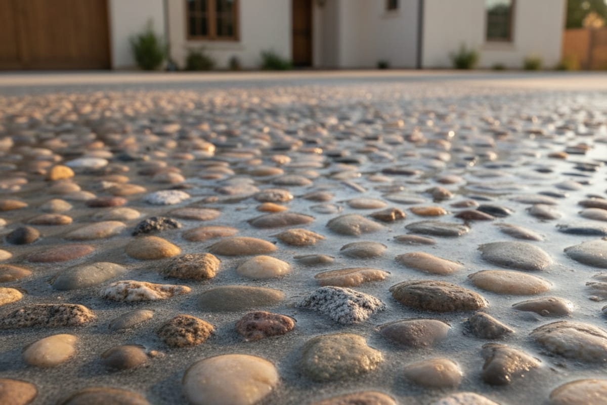 Exposed aggregate concrete driveway with river rock finish in San Diego