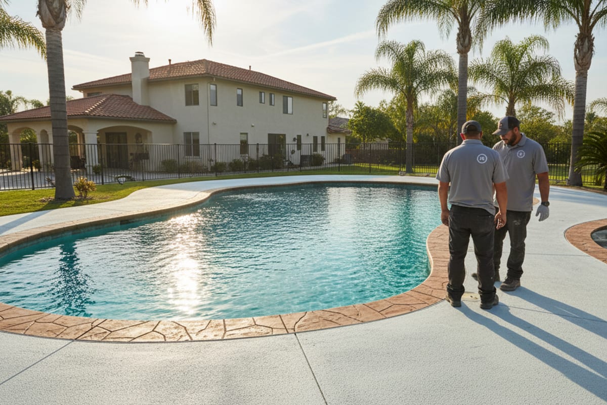 Concrete pool deck with cool-deck coating and stamped border in San Diego
