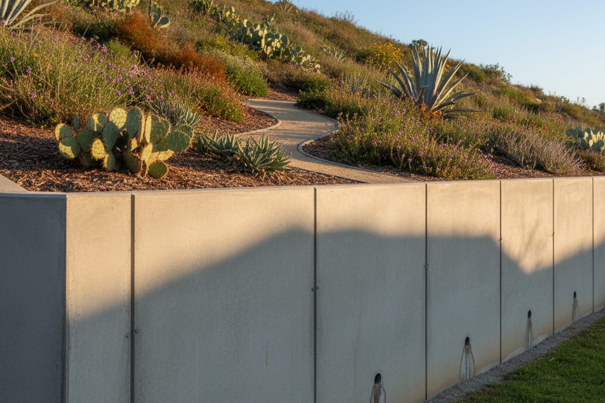 Concrete retaining wall with weep holes on a San Diego hillside lot