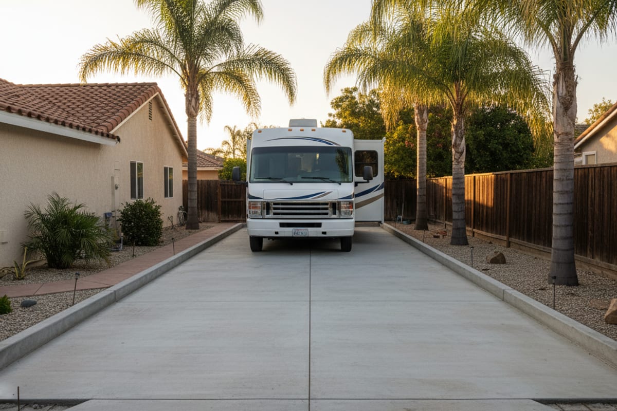 Reinforced concrete RV pad with thicker pour and integrated tie-downs in San Diego