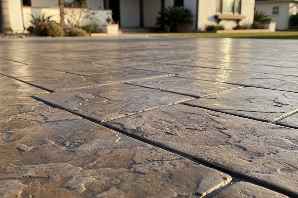 Stamped concrete patio with slate pattern and warm earth tones in San Diego