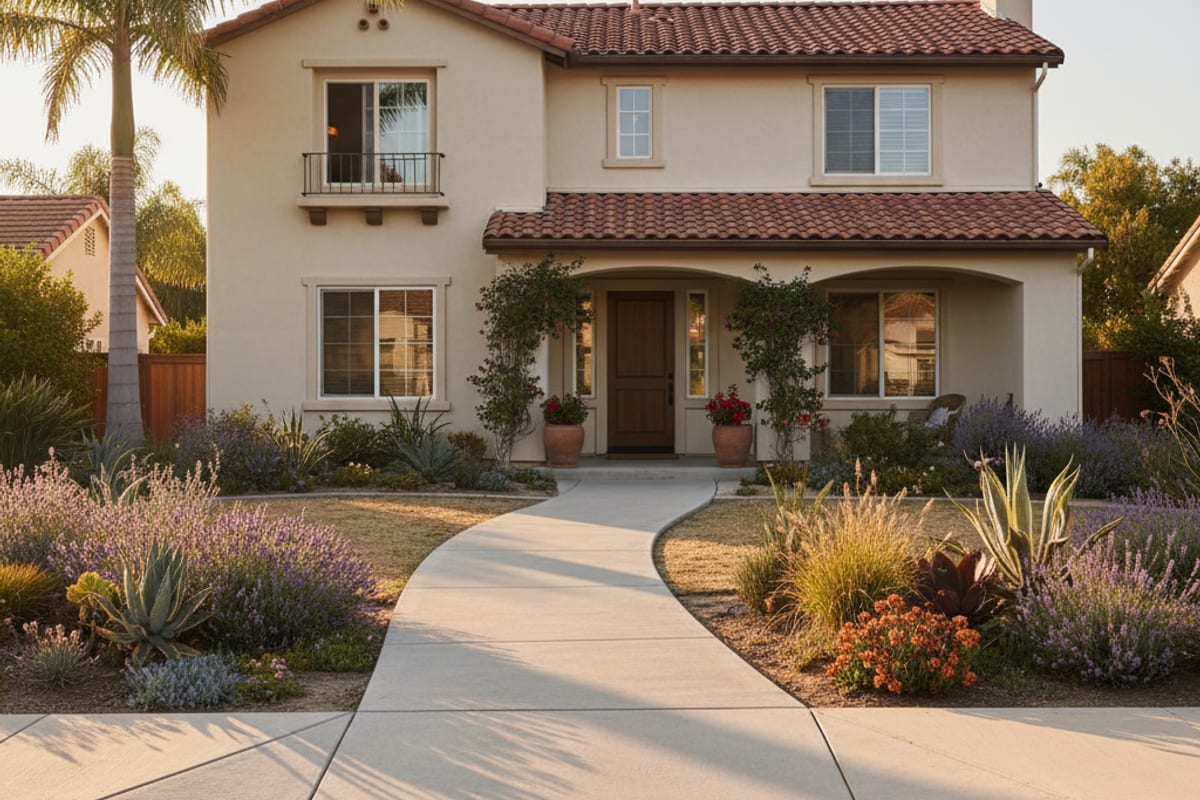 Concrete walkway leading to a San Diego front porch with broom finish